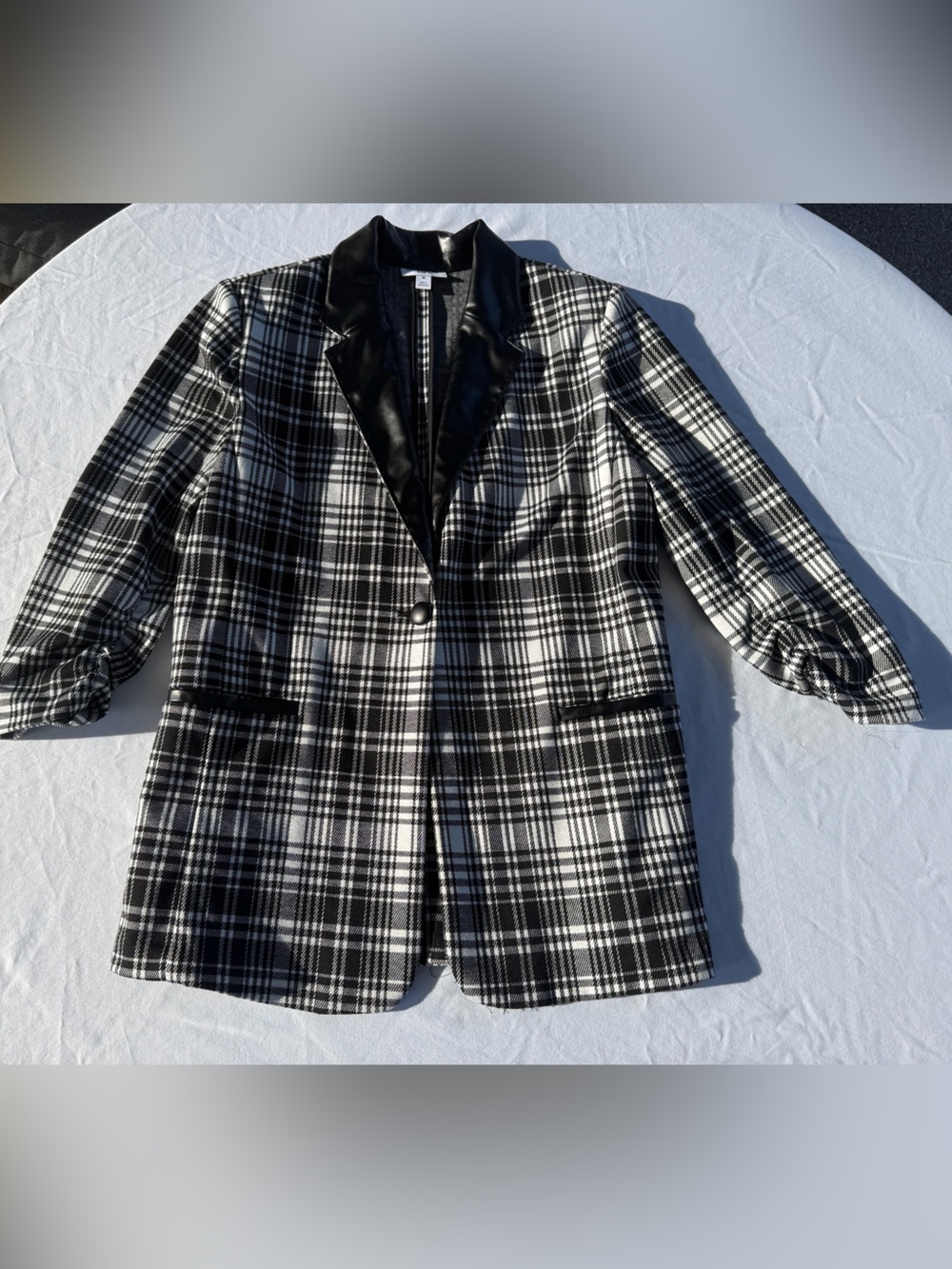 Bar III Black & White Plaid Blazer Faux Leather Trim Women's Size Medium